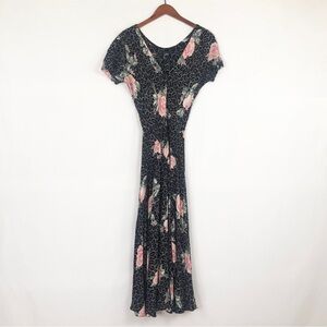 Vintage 90s Starina Maxi Floral Short Sleeve‎ Dress Black Pink V Neck A Line